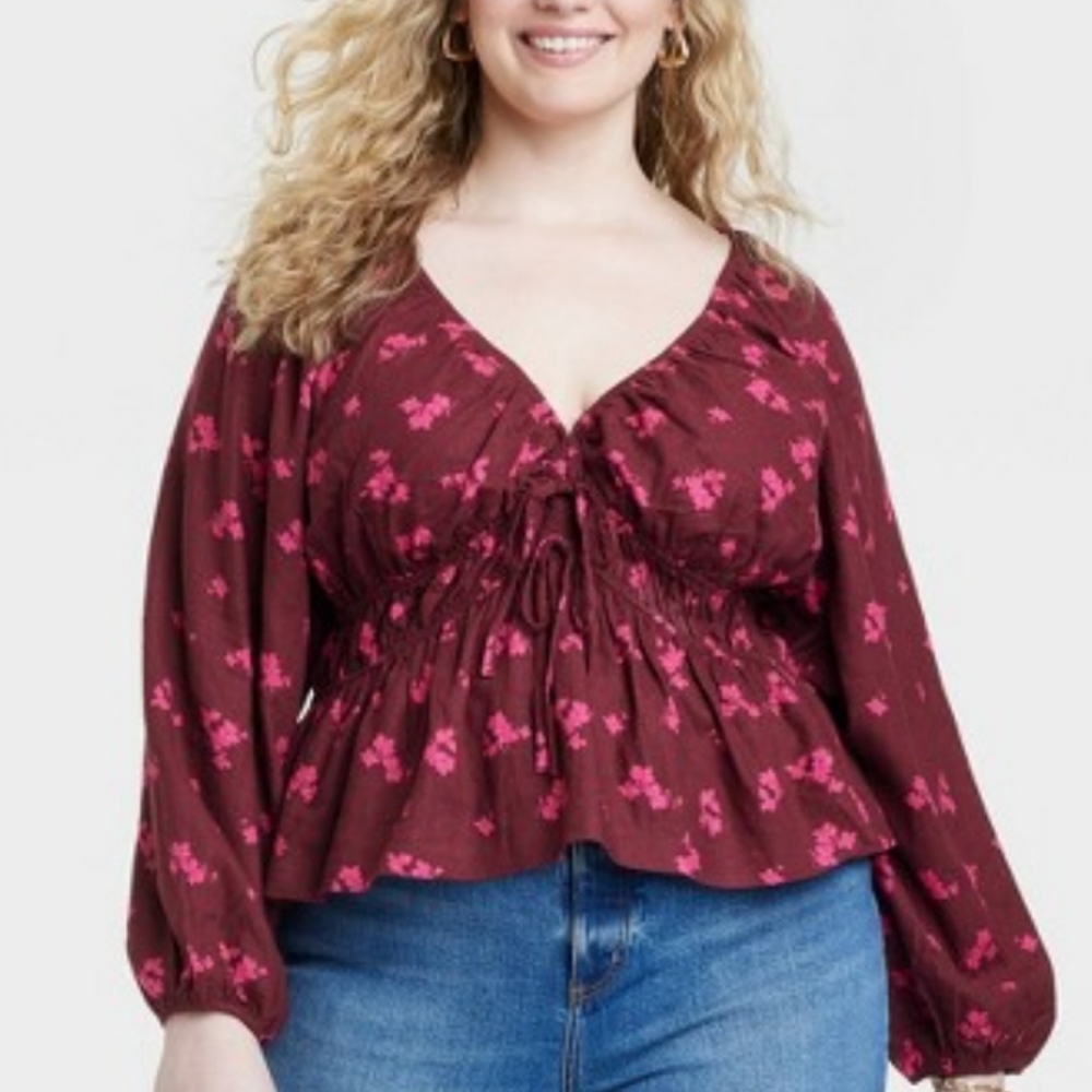 UNIVERSAL THREAD WOMEN'S BURGUNDY PUFF SLEEVE BLOUSE. NWT/ ALL SIZES